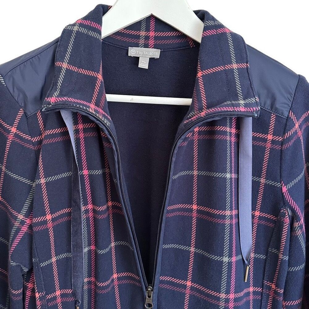 T by Talbots Navy Blue Tattersall Plaid Knit Zip Jacket Size Medium Petite - Picture 8 of 8